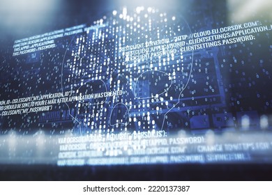 Abstract virtual code skull hologram on blurry contemporary office building background, cybercrime and hacking concept. Multiexposure