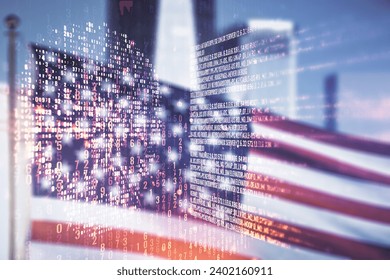 Abstract virtual code skull hologram on US flag and skyline background, cybercrime and hacking concept. Multiexposure