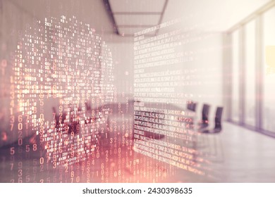Abstract virtual code skull hologram on a modern coworking room background, cybercrime and hacking concept. Multiexposure - Powered by Shutterstock - Get 15% off with code: PIKWIZARD15