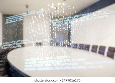 Abstract virtual code skull hologram on a modern coworking room background, cybercrime and hacking concept. Multiexposure