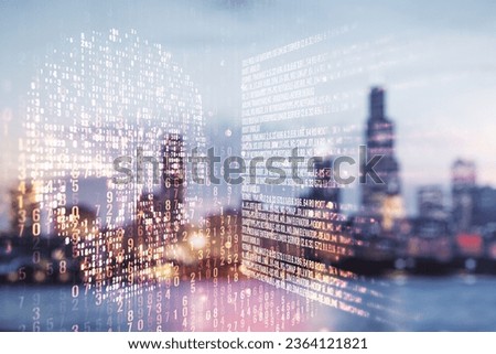 Abstract virtual code skull hologram on blurry skyscrapers background, cybercrime and hacking concept. Multiexposure
