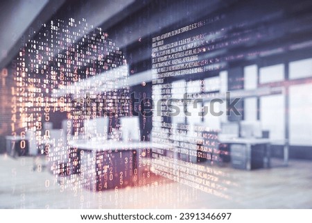 Abstract virtual code skull hologram on a modern furnished classroom background, cybercrime and hacking concept. Multiexposure