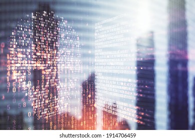 Abstract virtual code skull illustration on office buildings background. Hacking and phishing concept. Multiexposure