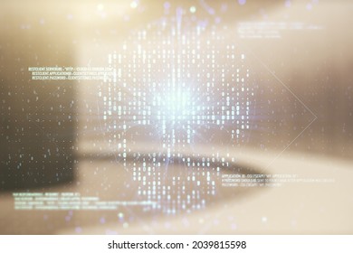 Abstract virtual code skull illustration on empty corporate office background. Hacking and phishing concept. Multiexposure