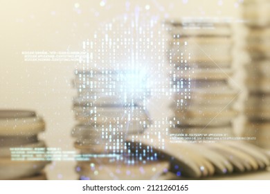 Abstract virtual code skull illustration on stacks of coins background. Hacking and phishing concept. Multiexposure