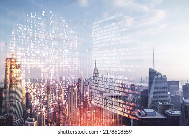 Abstract virtual code skull illustration on New York city skyline background. Hacking and phishing concept. Multiexposure