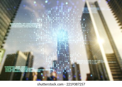 Abstract virtual code skull illustration on office buildings background. Hacking and phishing concept. Multiexposure