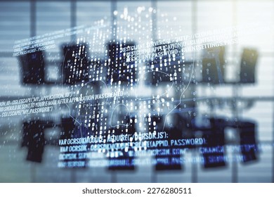 Abstract virtual code skull illustration on a modern conference room background. Hacking and phishing concept. Multiexposure