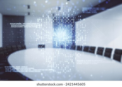 Abstract virtual code skull illustration on a modern conference room background. Hacking and phishing concept. Multiexposure