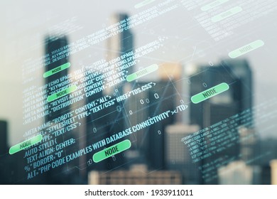 Abstract virtual coding concept on blurry skyline background. Multiexposure