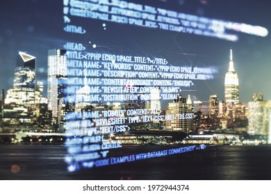 Abstract virtual coding concept on New York city skyline background. Multiexposure