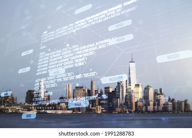 Abstract virtual coding concept on New York city skyline background. Multiexposure