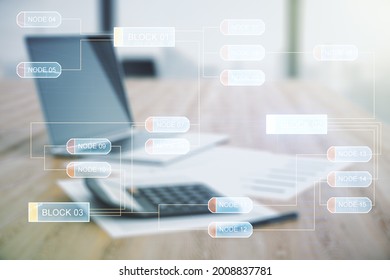Abstract virtual coding concept on calculator and laptop background. Multiexposure
