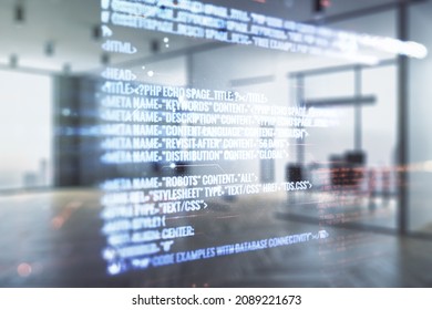 Abstract virtual coding concept on a modern furnished office background. Multiexposure