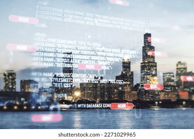 Abstract virtual coding concept on Chicago skyline background. Multiexposure