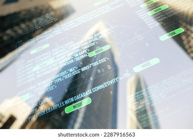 Abstract virtual coding concept on office buildings background. Multiexposure
