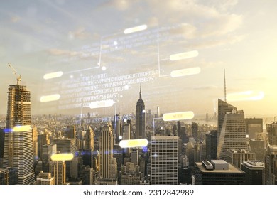 Abstract virtual coding concept on New York city skyline background. Multiexposure