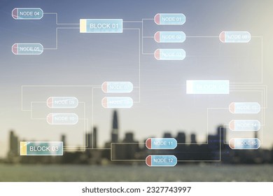 Abstract virtual coding concept on blurry skyline background. Multiexposure