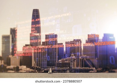 Abstract virtual coding concept on San Francisco skyline background. Multiexposure