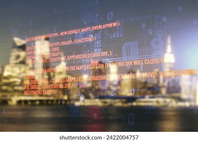 Abstract virtual coding concept on blurry skyline background. Multiexposure