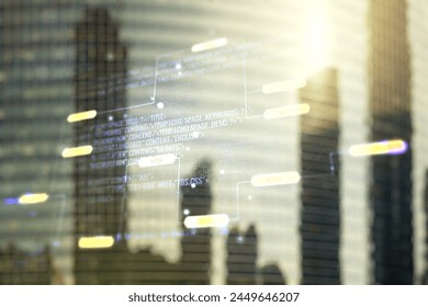 Abstract virtual coding concept on office buildings background. Multiexposure