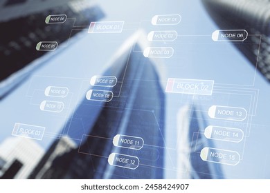 Abstract virtual coding concept on office buildings background. Multiexposure