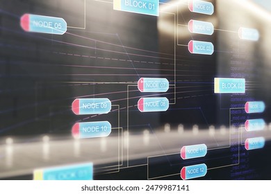 Abstract virtual coding concept on blurry modern office building background. Multiexposure