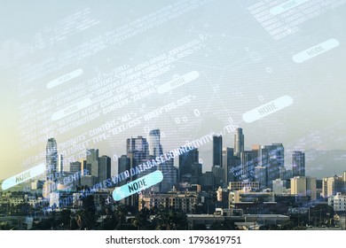 Abstract virtual coding concept and world map hologram on Los Angeles skyline background. Multiexposure
