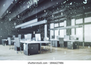 Abstract virtual coding concept and world map hologram on a modern furnished office background. Multiexposure