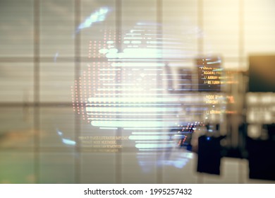 Abstract Virtual Coding Concept And World Map Hologram On A Modern Conference Room Background. Multiexposure