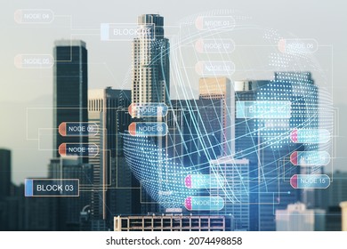 Abstract virtual coding concept and world map hologram on Los Angeles skyline background. Multiexposure