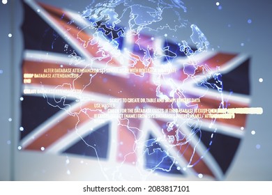 Abstract virtual coding concept and world map hologram on flag of Great Britain and sunset sky background. Multiexposure - Powered by Shutterstock - Get 15% off with code: PIKWIZARD15