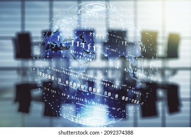 Abstract virtual coding concept and world map hologram on a modern conference room background. Multiexposure