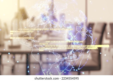 Abstract virtual coding concept and world map hologram on a modern furnished office background. Multiexposure