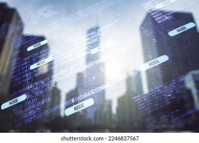 Abstract virtual coding concept and world map hologram on office buildings background. Multiexposure