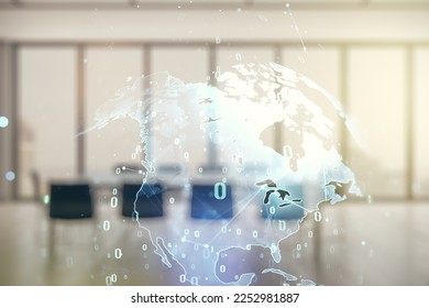 Abstract virtual coding concept and world map hologram on a modern conference room background. Multiexposure