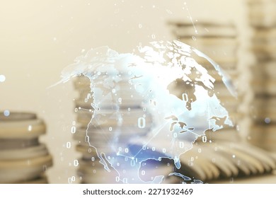 Abstract virtual coding concept and world map hologram on stacks of coins background. Multiexposure