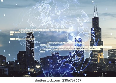 Abstract virtual coding concept and world map hologram on Chicago skyline background. Multiexposure