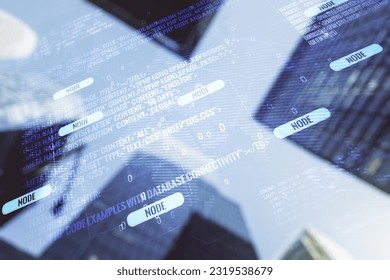 Abstract virtual coding concept and world map hologram on office buildings background. Multiexposure