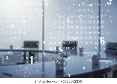 Abstract virtual coding concept and world map hologram on a modern conference room background. Multiexposure