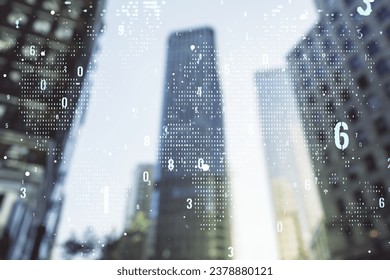 Abstract virtual coding concept and world map hologram on office buildings background. Multiexposure