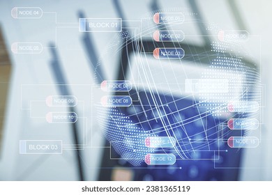 Abstract virtual coding concept and world map hologram on calculator background. Multiexposure