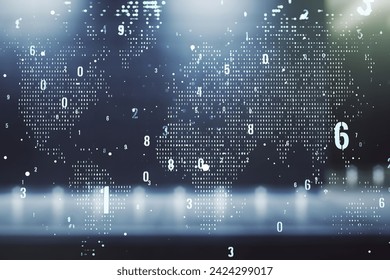Abstract virtual coding concept and world map hologram on blurry modern office building background. Multiexposure