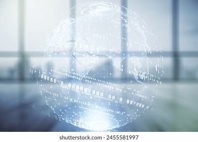 Abstract virtual coding concept and world map hologram on empty corporate office background. Multiexposure