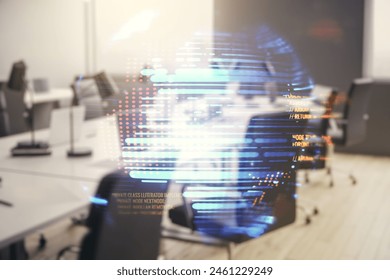 Abstract virtual coding concept and world map hologram on a modern furnished office background. Multiexposure