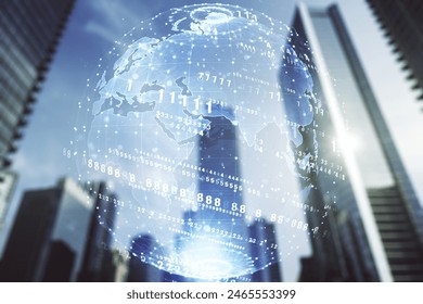 Abstract virtual coding concept and world map hologram on office buildings background. Multiexposure