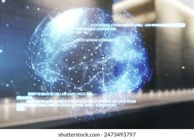 Abstract virtual coding concept and world map hologram on blurry modern office building background. Multiexposure