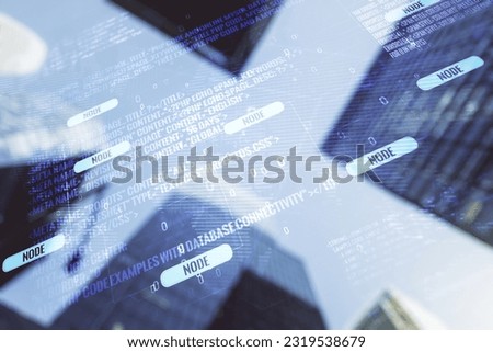 Abstract virtual coding concept and world map hologram on office buildings background. Multiexposure
