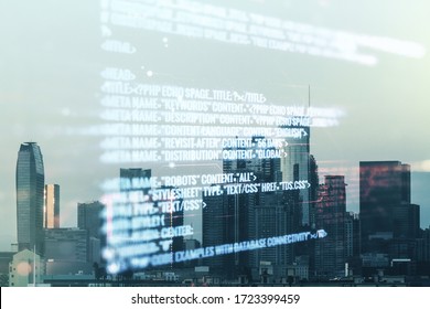Abstract virtual coding illustration on Los Angeles cityscape background, software development concept. Multiexposure