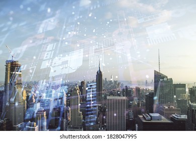 Abstract virtual coding illustration on New York cityscape background, software development concept. Multiexposure